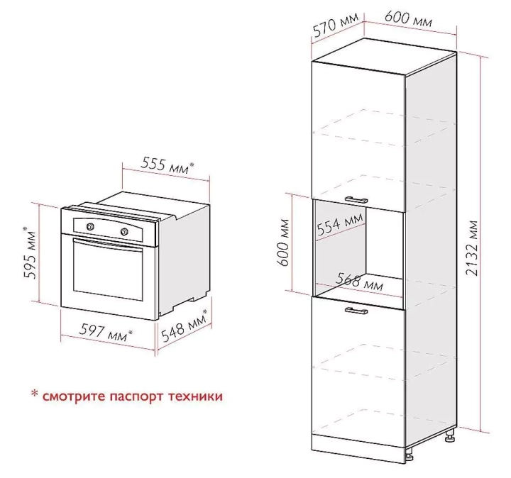 Шкаф пенал под бытовую технику с 2-мя дверцами Ницца 600 (для верхних шкафов высотой 720) размеры